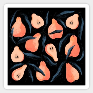 Pretty orange pear pattern with leaves on black background. Sticker